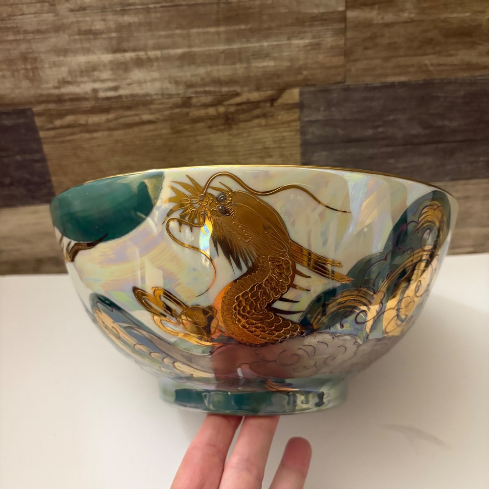 VTG Aito China Japan Hand Painted 18K Gold Dragon Lusterware Porcelain Bowl 10 "